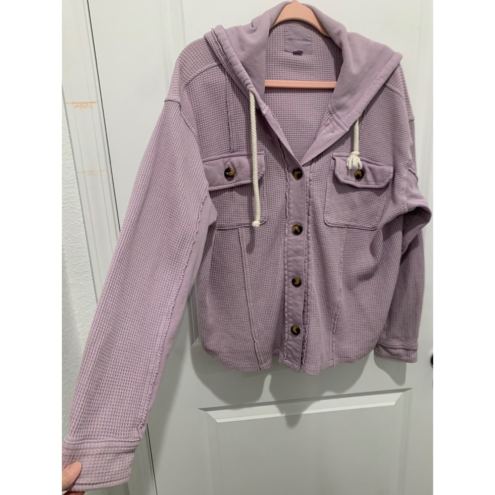 American Eagle Waffle Knit Hooded Shacket Purple Lavender Button Front Medium
